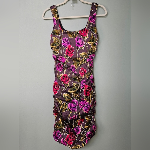 Jay Godfrey Laetitia Floral Print Ruched Satin Mini Dress, Red Pink Roses Size 4 - Picture 4 of 8